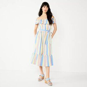 Draper James RSVP Off Shoulder Ruffle Sleeve Striped Midi Dress Size XS